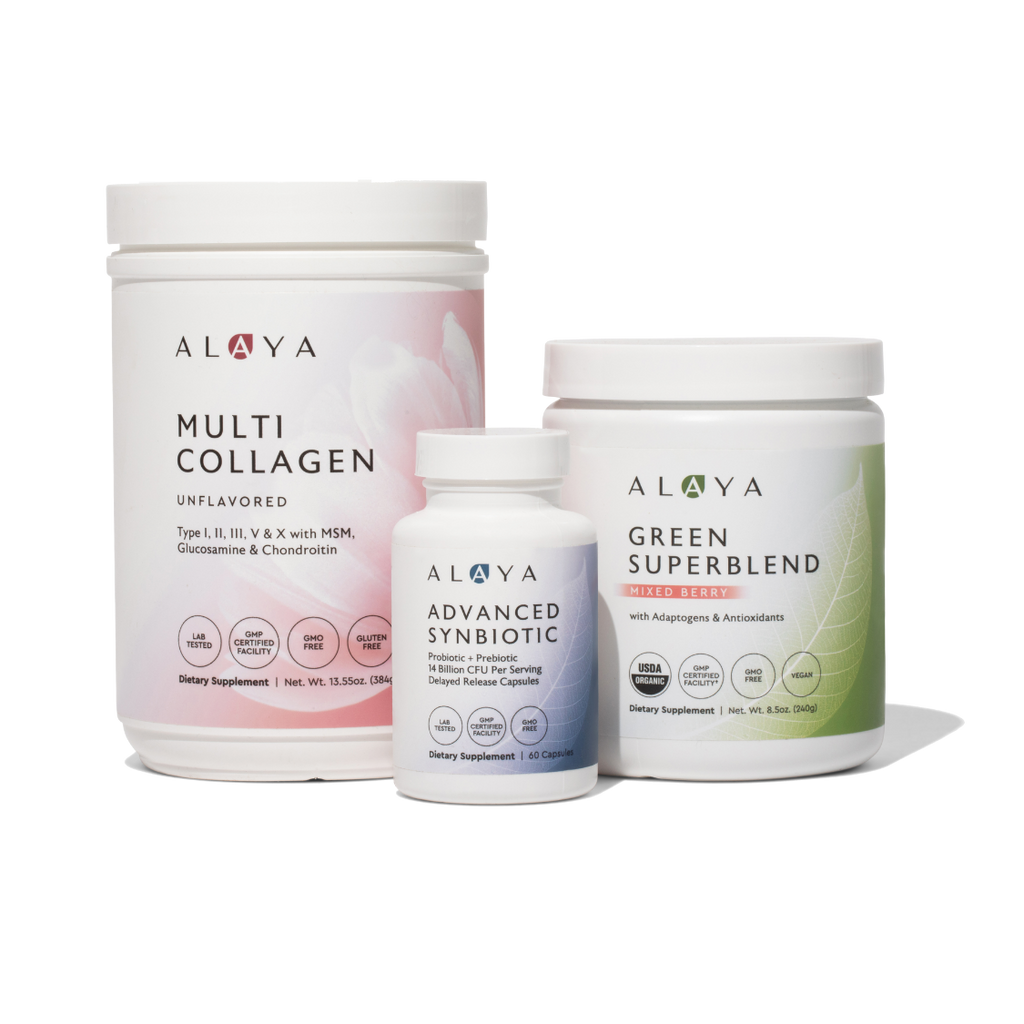 Alaya Multi Collagen, Advanced Synbiotic and Green Superblend supplement containers on a white background