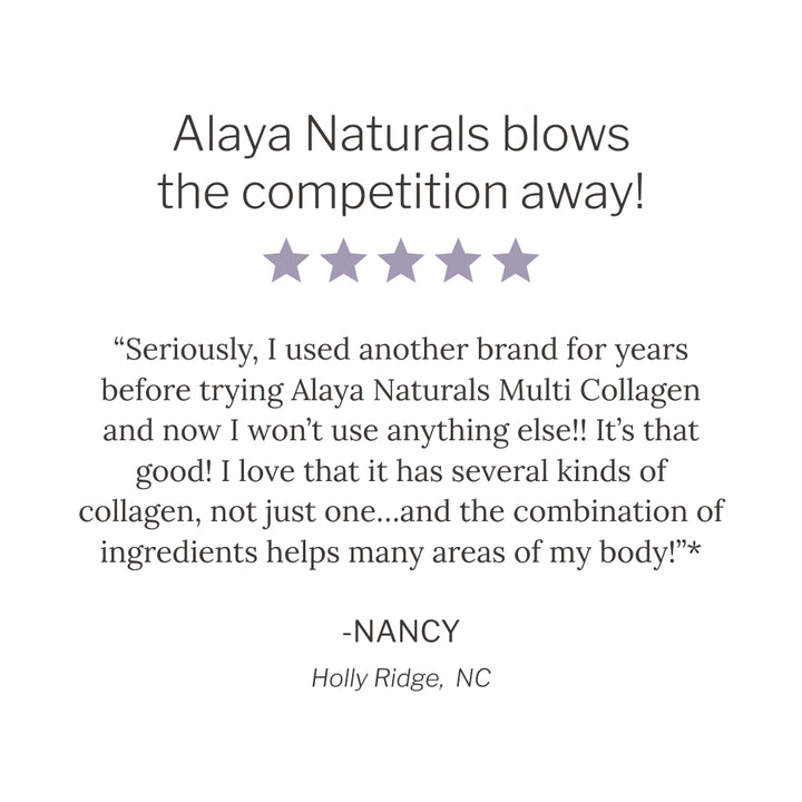 Positive review of Alaya Naturals product with five stars and a quote from a customer named Nancy. 