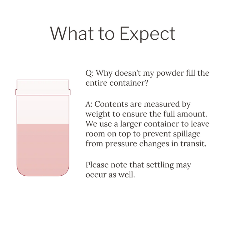 Explanation of powder container with text on a white background. Contents measured to weight so settline may occur. 