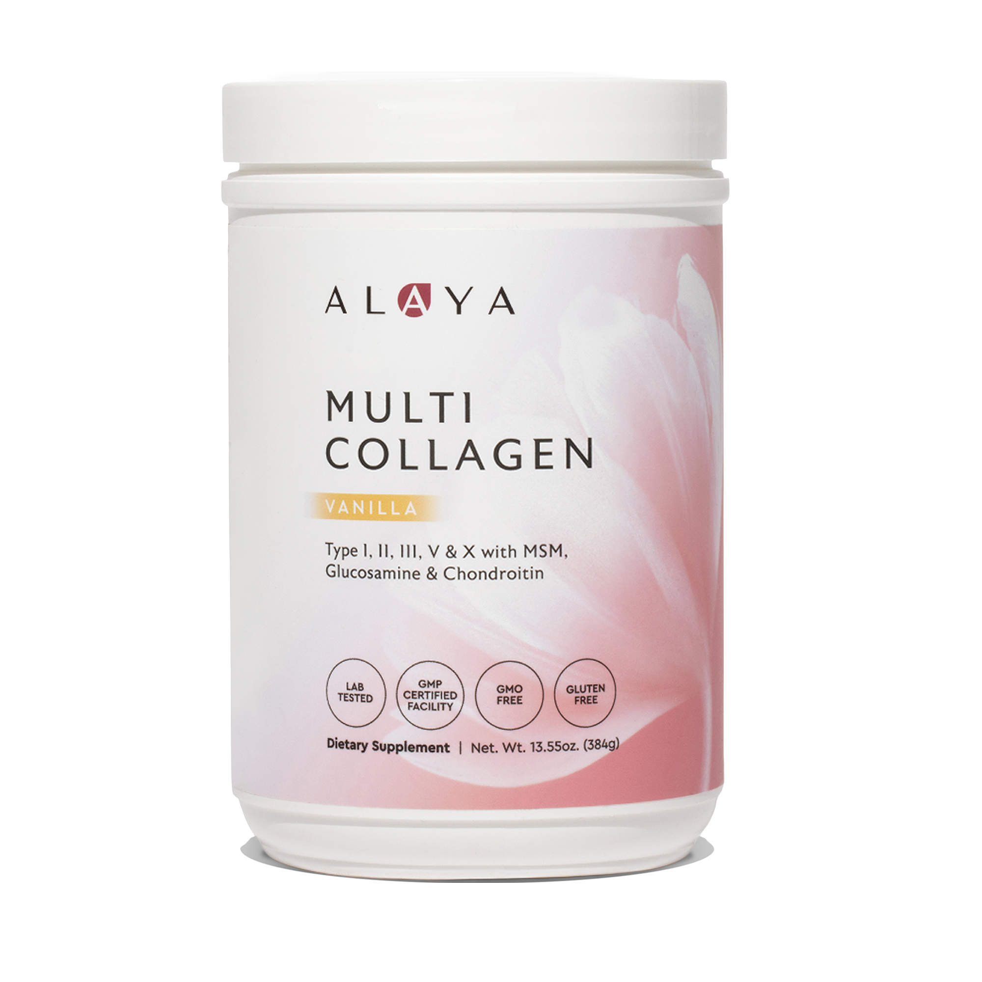 Alaya Multi Collagen Vanilla Powder supplement bottle on a clear background #flavor_vanilla