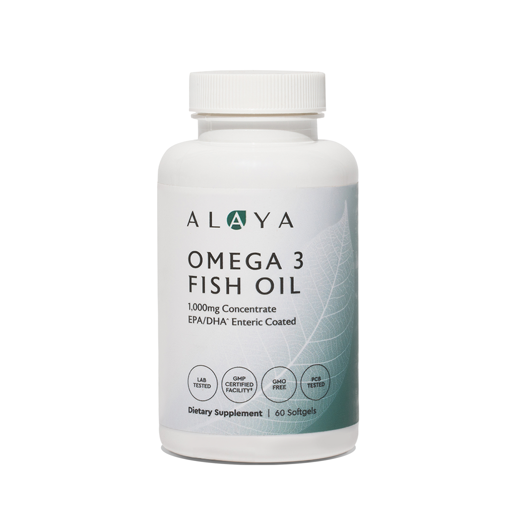 Alaya Omega 3 Fish Oil supplement bottle on a clear background #hide